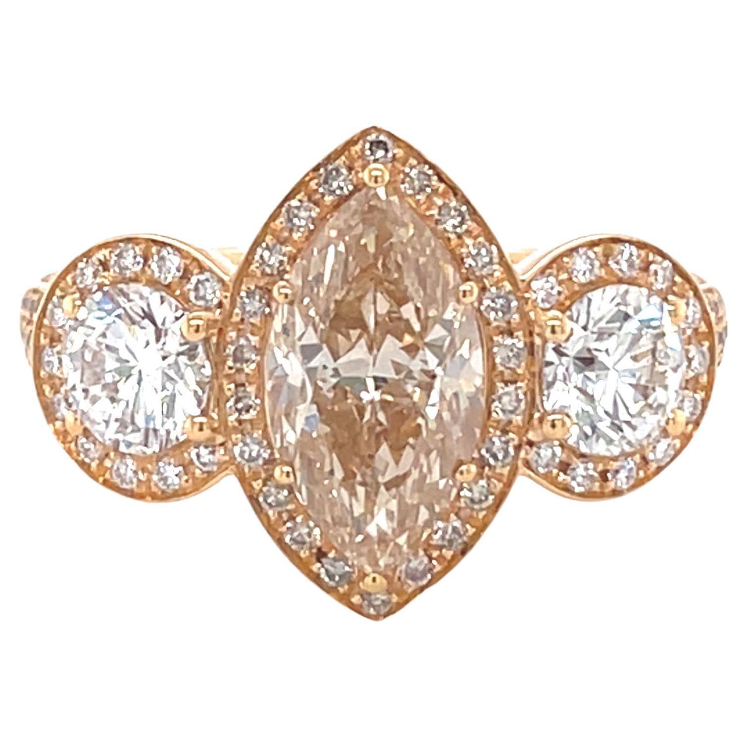 18 Karat Rose Gold Three Diamonds Cocktail Ring For Sale 1