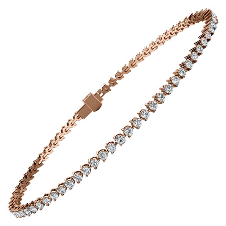 Bracelet tennis à trois griffes en or rose 18 carats avec diamants de 2 carats en vente