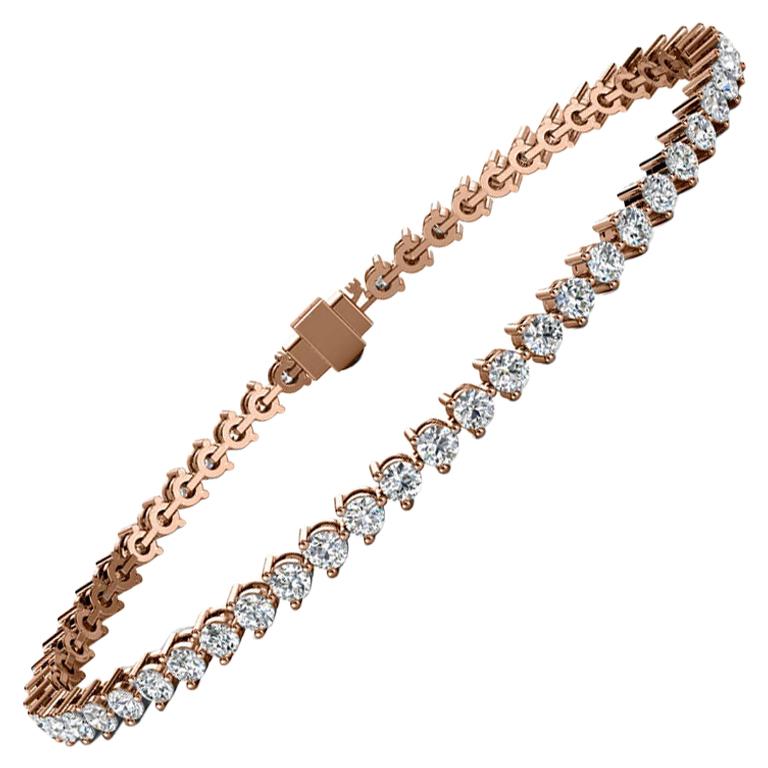18 Karat Rose Gold Three Prongs Diamond Tennis Bracelet  '3 Carat' For Sale