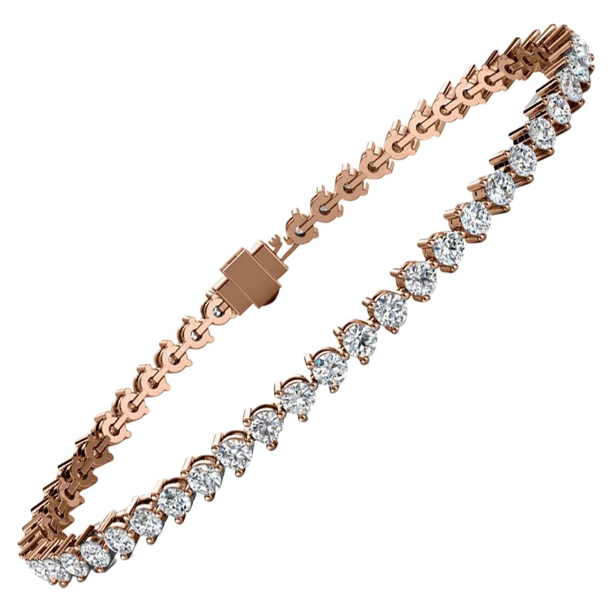 Bracelet tennis à trois griffes en or rose 18 carats et diamants de 4 carats