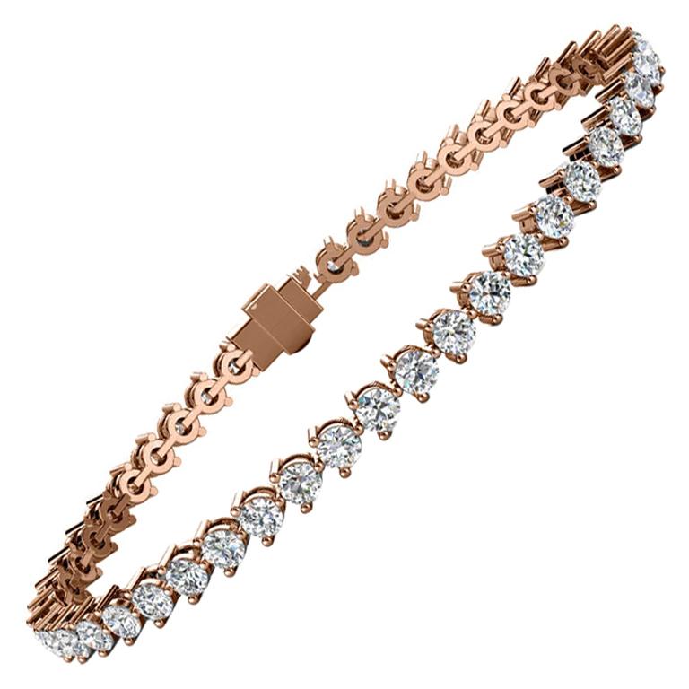 18 Karat Rose Gold Three Prongs Diamond Tennis Bracelet '5 Carat' For Sale