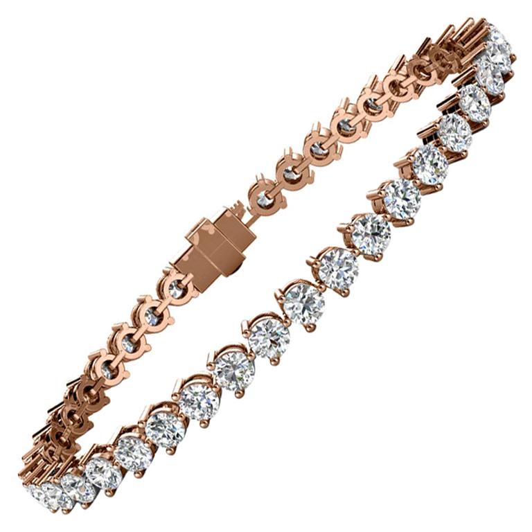Bracelet tennis à trois griffes en or rose 18 carats et diamants de 7 carats en vente