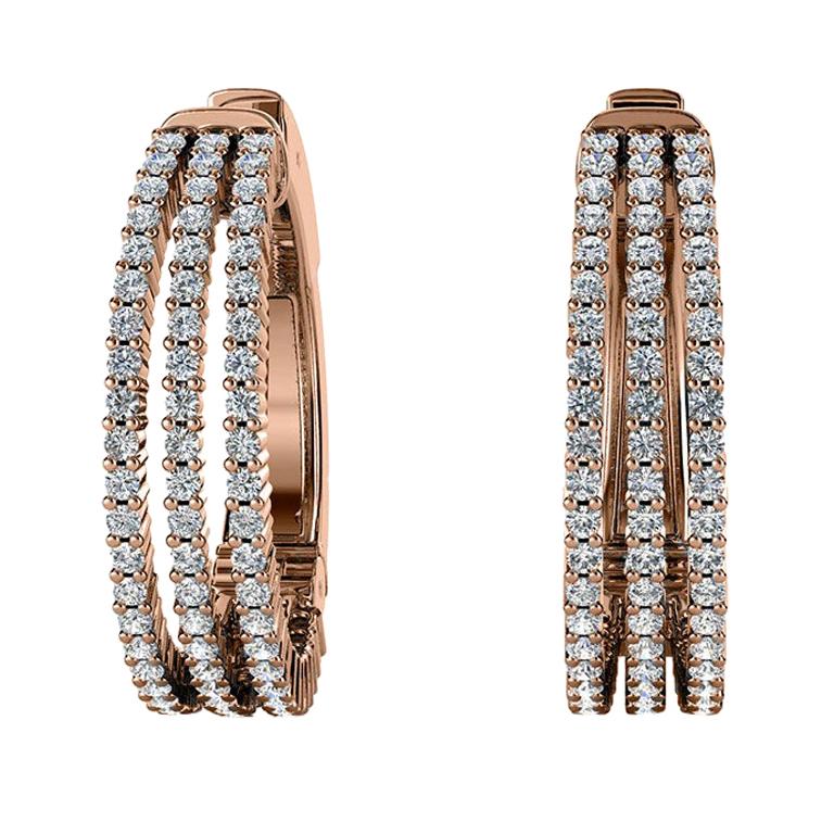18 Karat Rose Gold Three-Row Hoop Diamond Earrings '1 1/2 Carat'