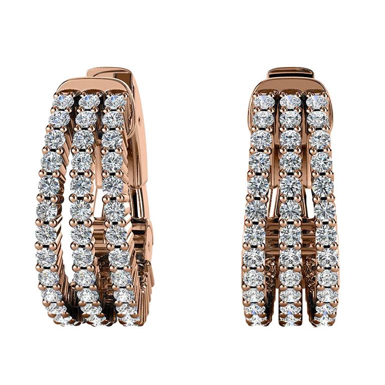 18 Karat Rose Gold Three-Row Hoop Diamond Earrings '1 Carat' For Sale