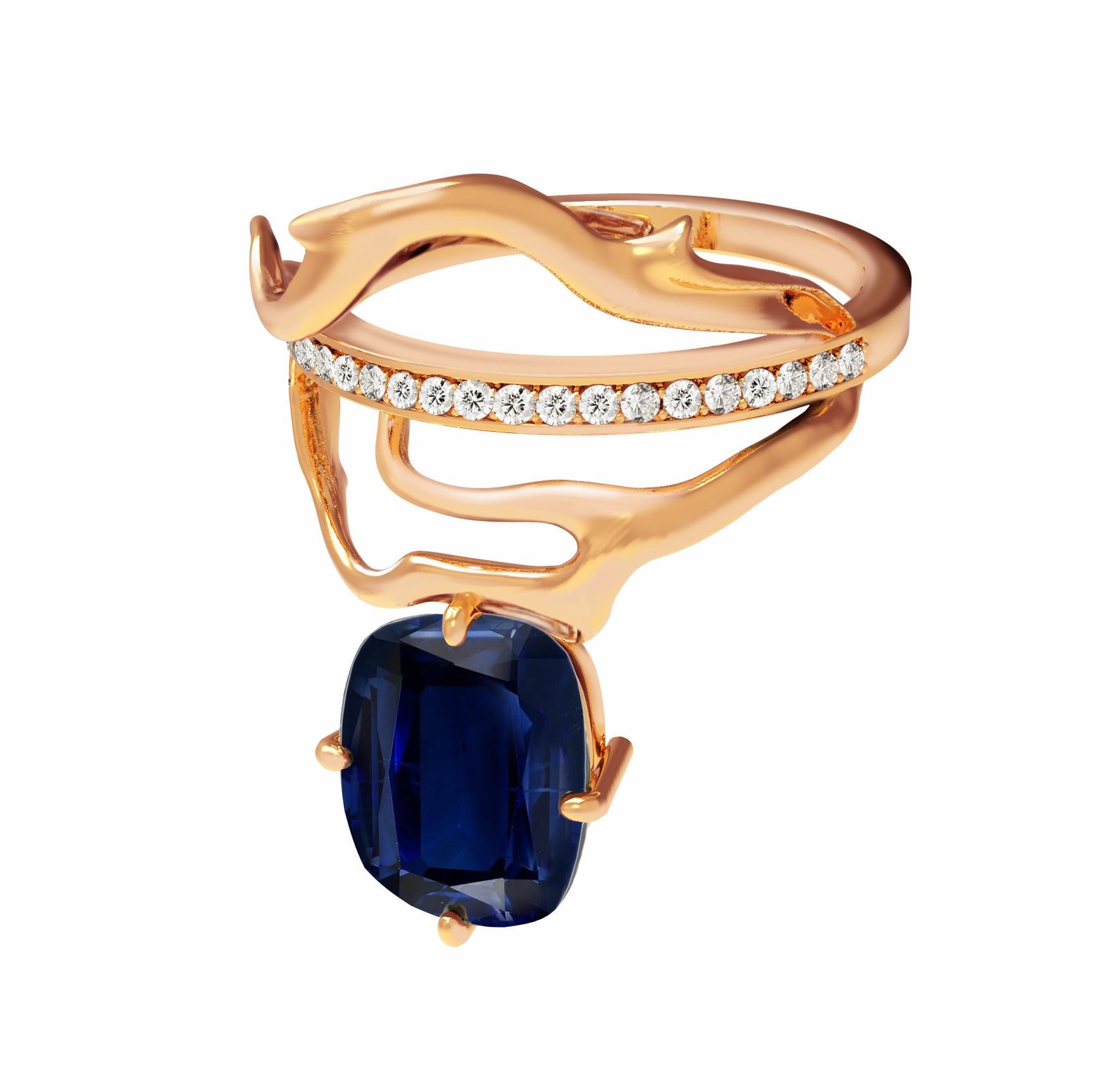 Women's 18 Karat Rose Gold Contemporary Dimensional Ring with Sapphire and Diamonds For Sale