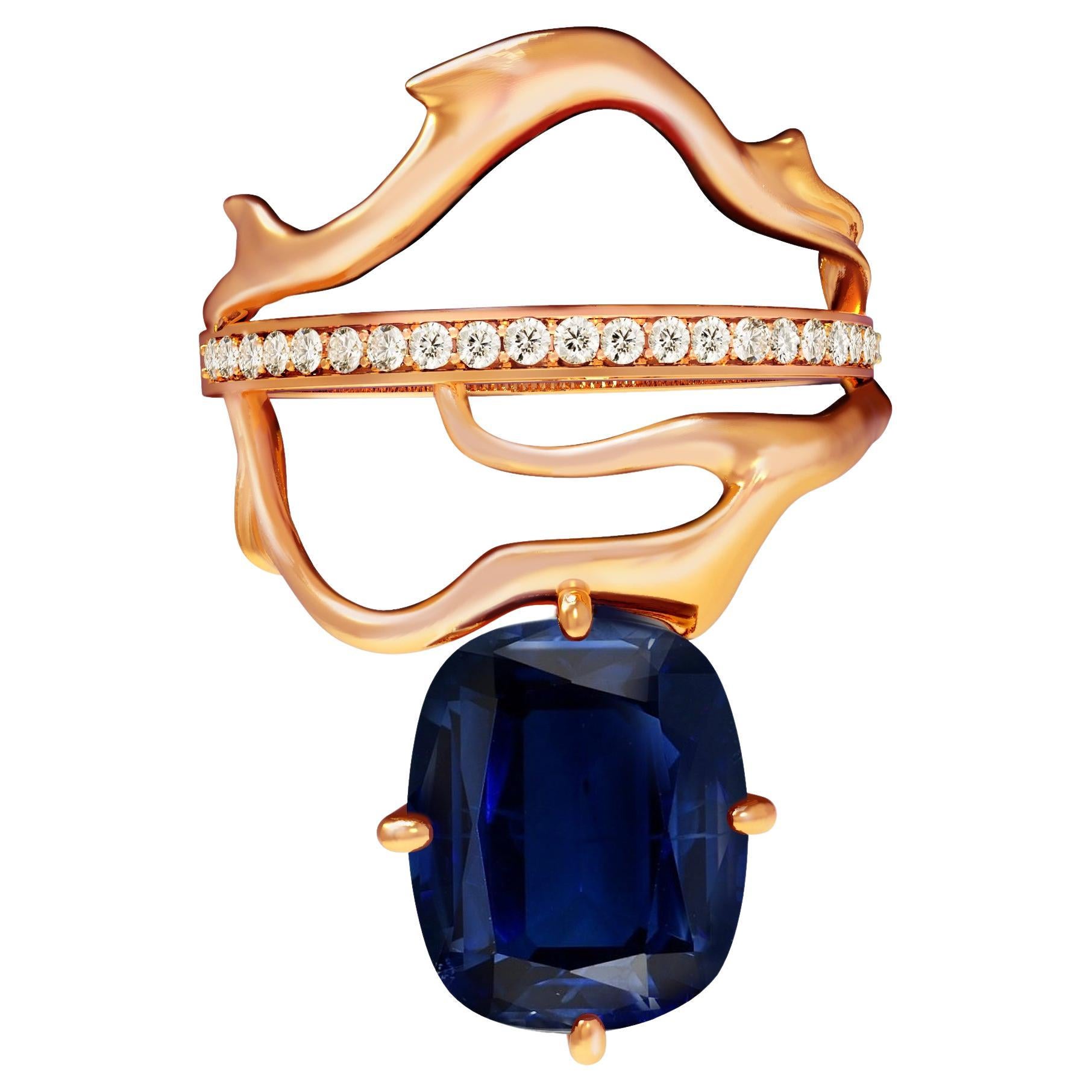 18 Karat Rose Gold Contemporary Dimensional Ring with Sapphire and Diamonds For Sale
