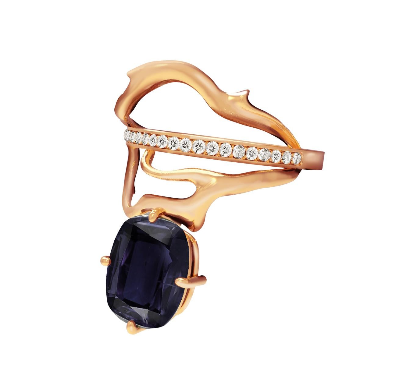 Eighteen Karat Rose Gold Tibetan Contemporary Ring with Spinel and Diamonds For Sale 1