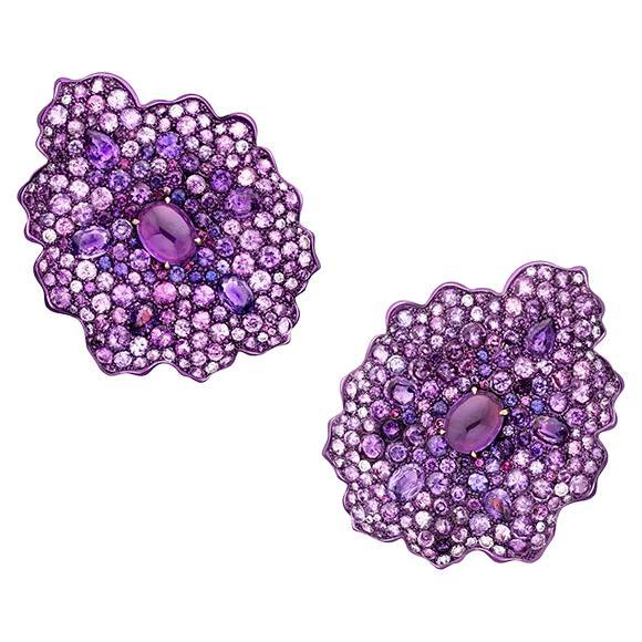 Mini boucles d'oreilles en or rose 18 carats, titane, saphirs violets, améthystes et diamants