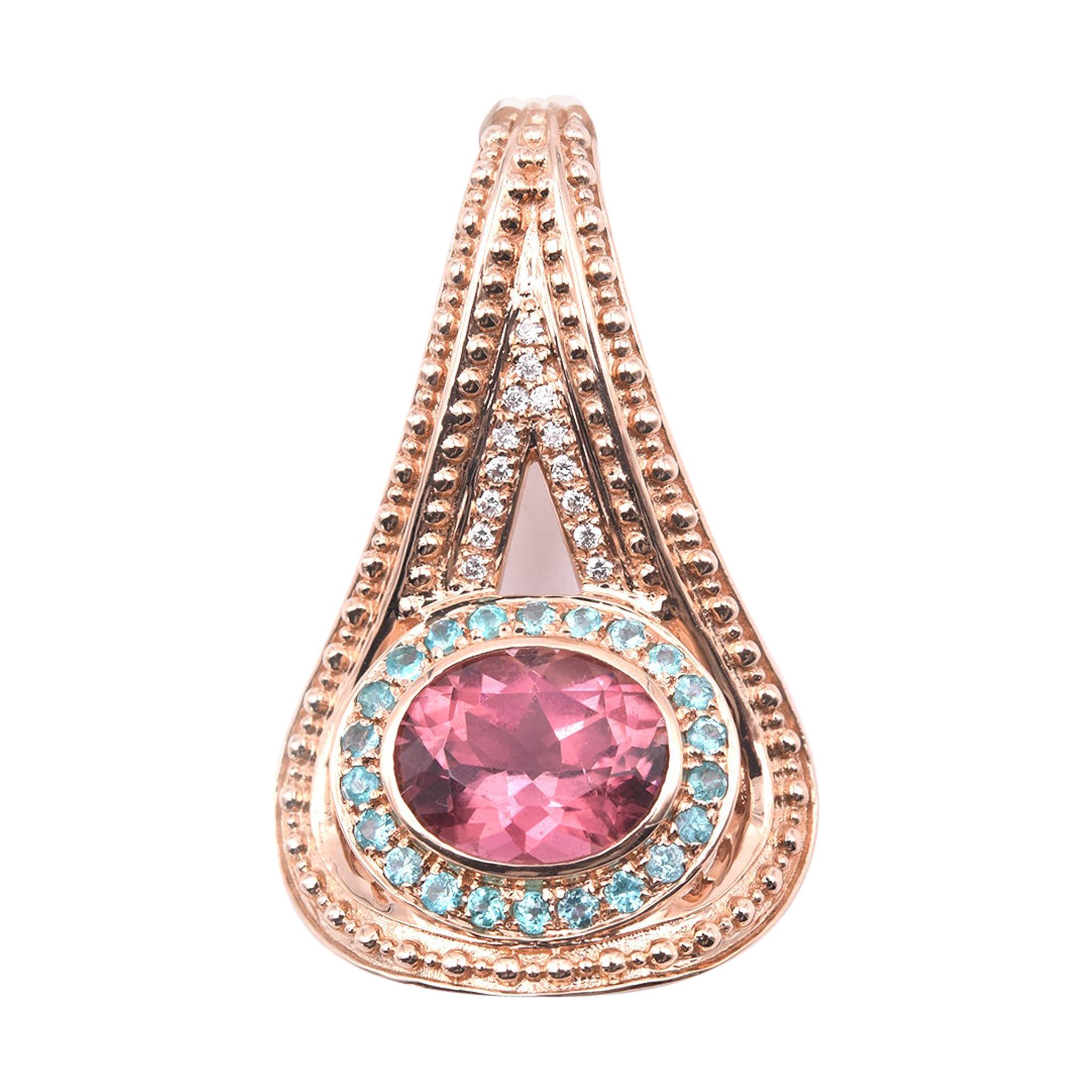 18 Karat Rose Gold Tourmaline and Diamond Pendant For Sale