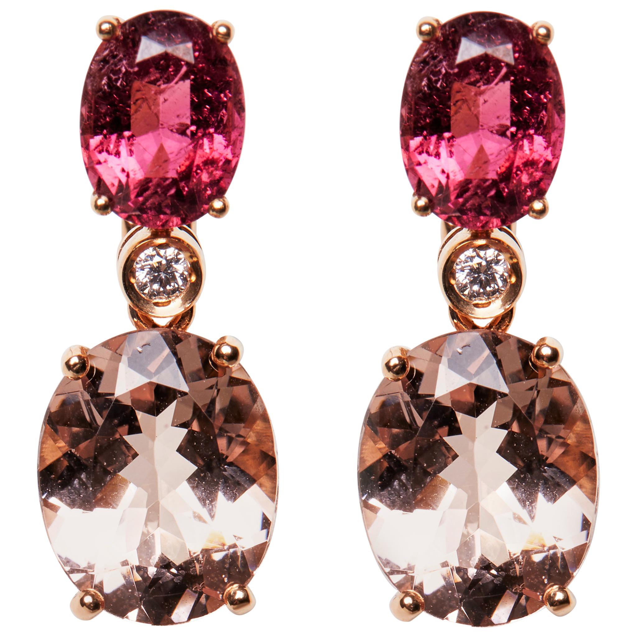 Boucles d'oreilles pendantes en or rose 18 carats, tourmaline, Morganite et diamant