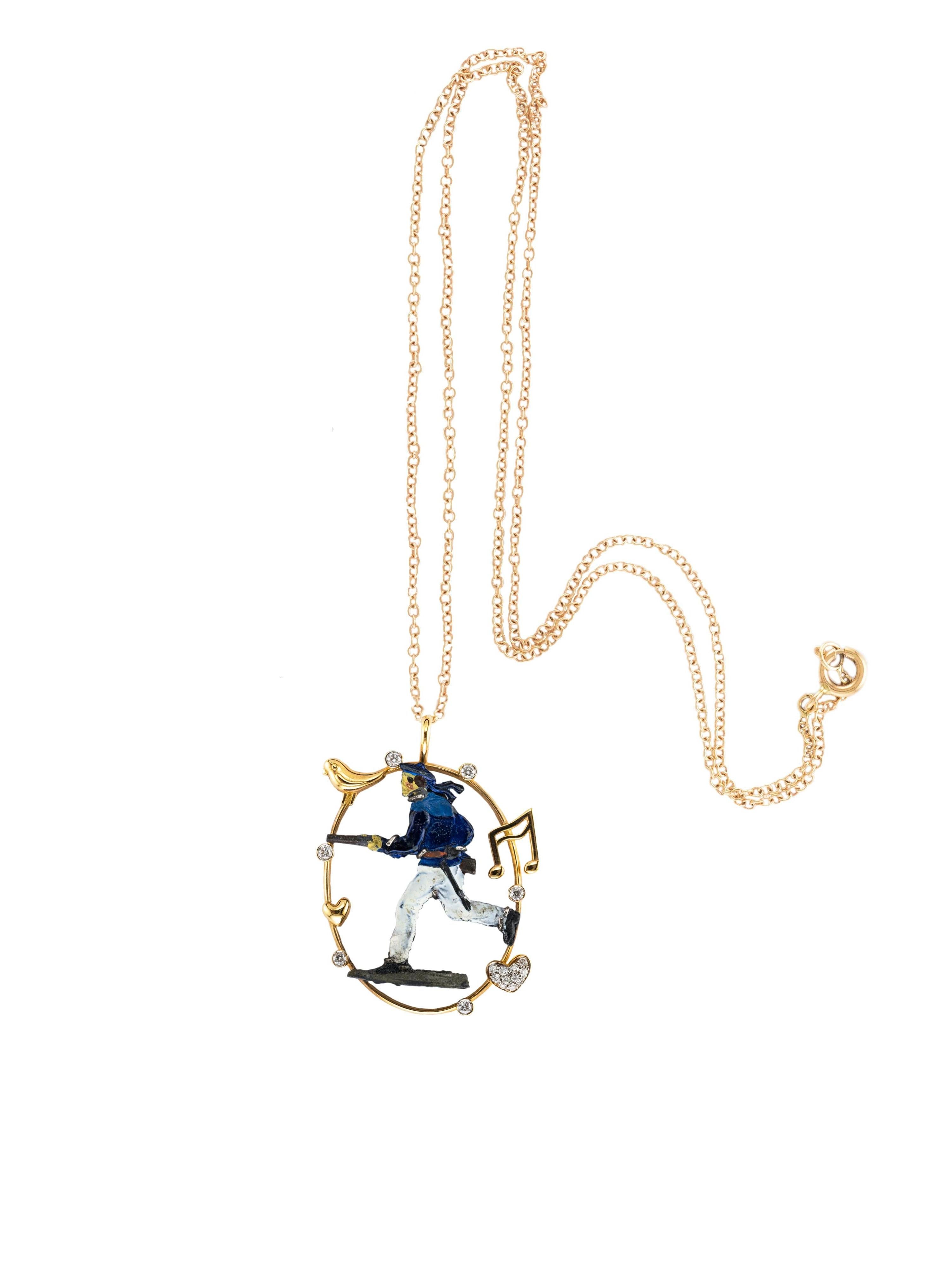 Un soldatino vintage incastonato in un pendente in oro rosa 18 carati e impreziosito da un cuore con pavé di diamanti e sei diamanti.
Realizzato in Italia da Francesca Villa, il cui tratto distintivo nasce dall'unione di oggetti antichi, scovati nei