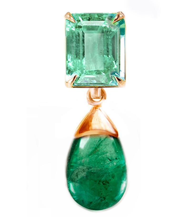 Octagon Cut Eighteen Karat Rose Gold Contemporary Artisan Brooch with Emeralds For Sale