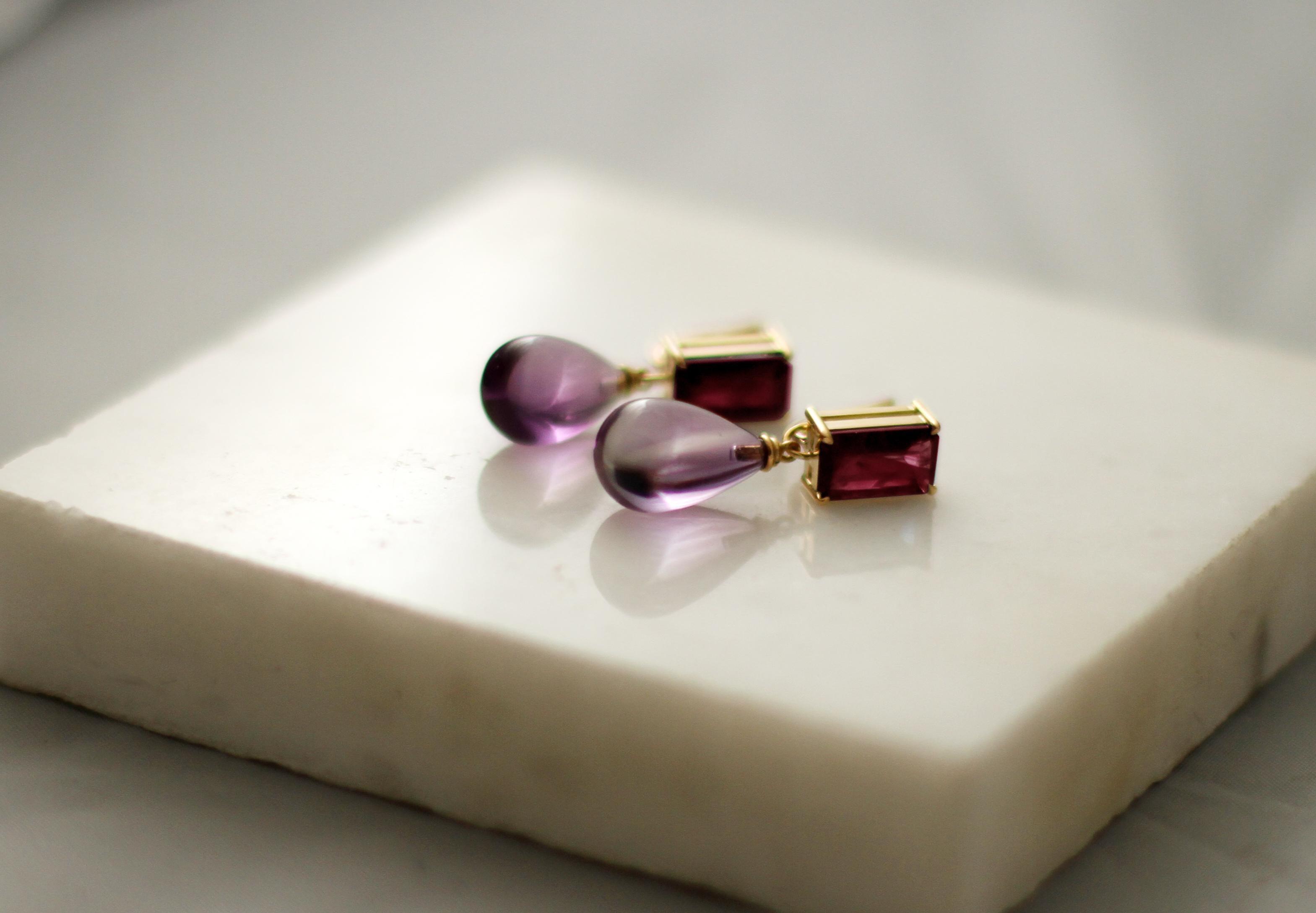18 Karat Rose Gold Transformer Clip-on Earrings with Mint Quartz and Amethysts For Sale 7