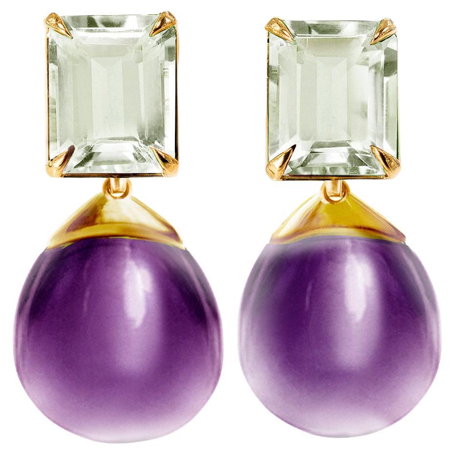 18 Karat Rose Gold Transformer Clip-on Earrings with Mint Quartz and Amethysts For Sale