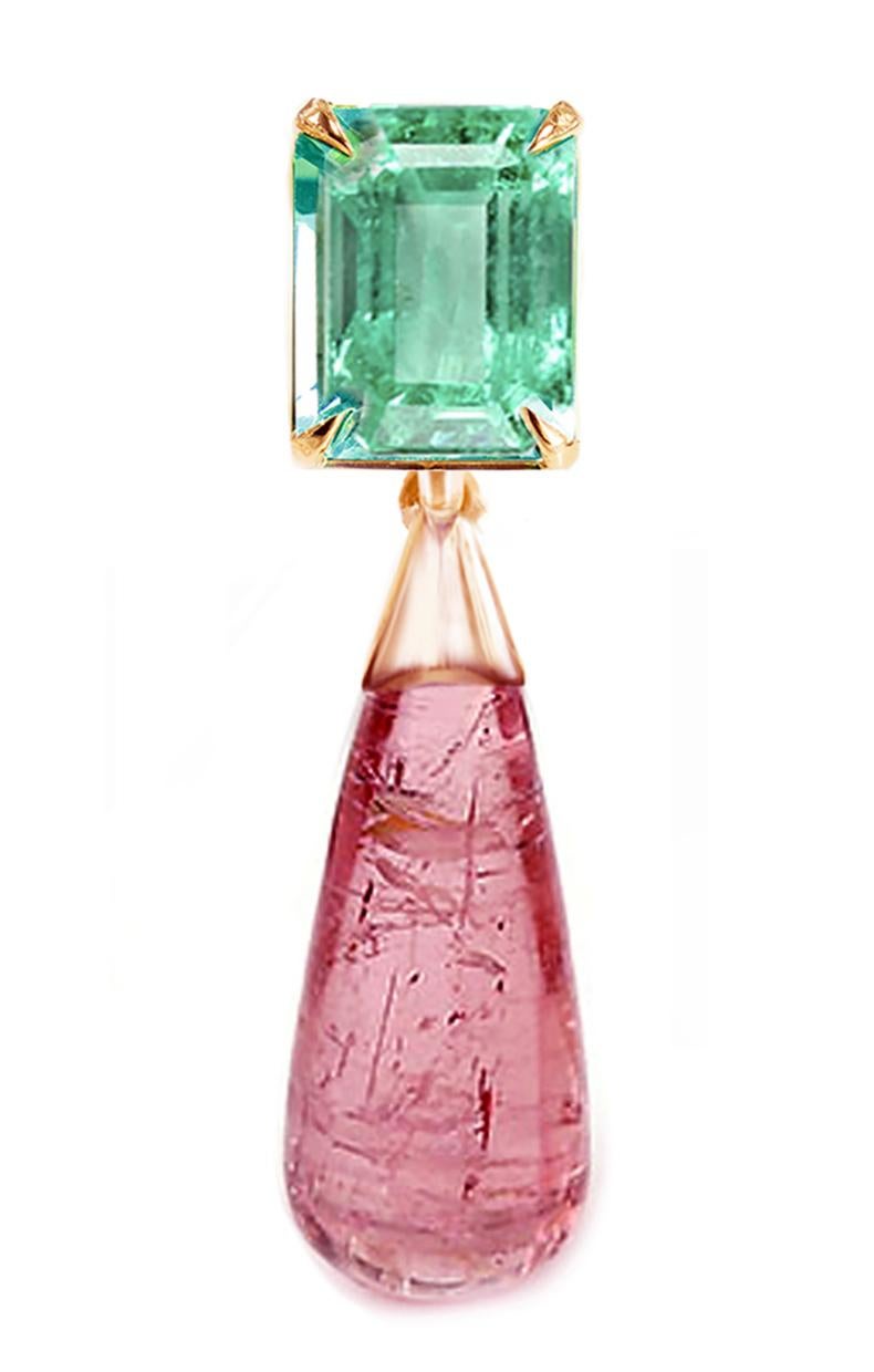 Eighteen Karat Rose Gold Drop Brooch with Emerald and Pink Tourmaline In New Condition For Sale In Berlin, DE