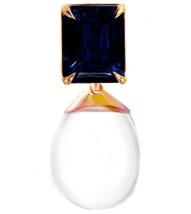 Cabochon Eighteen Karat Rose Gold Contemporary Drop Brooch with Sapphire and Quartz For Sale