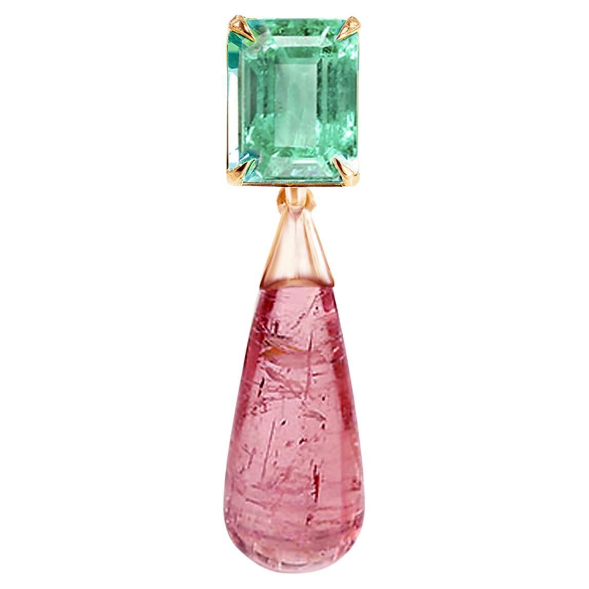 Rose Gold Contemporary Pendant Necklace with Emerald and Pink Tourmaline For Sale