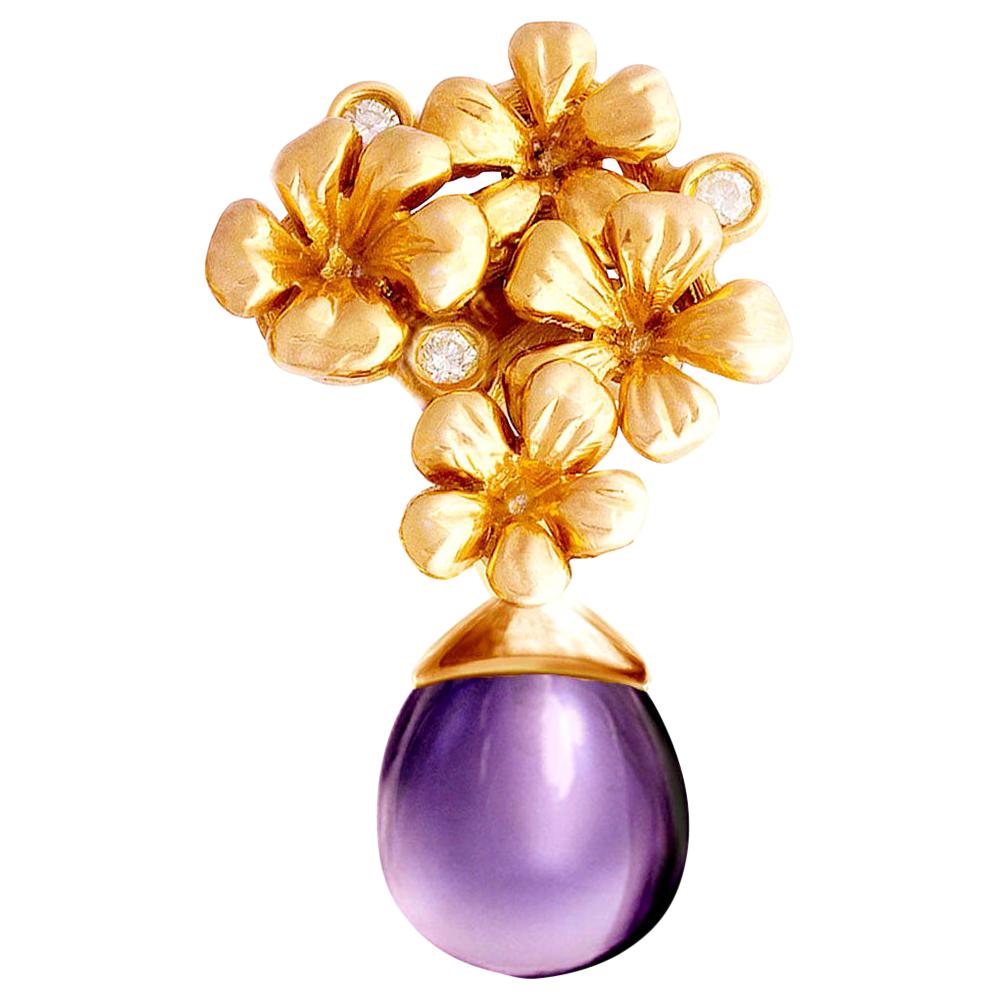 18 Karat Rose Gold Transformer Plum Blossom Brooch with Diamonds and Amethyst For Sale