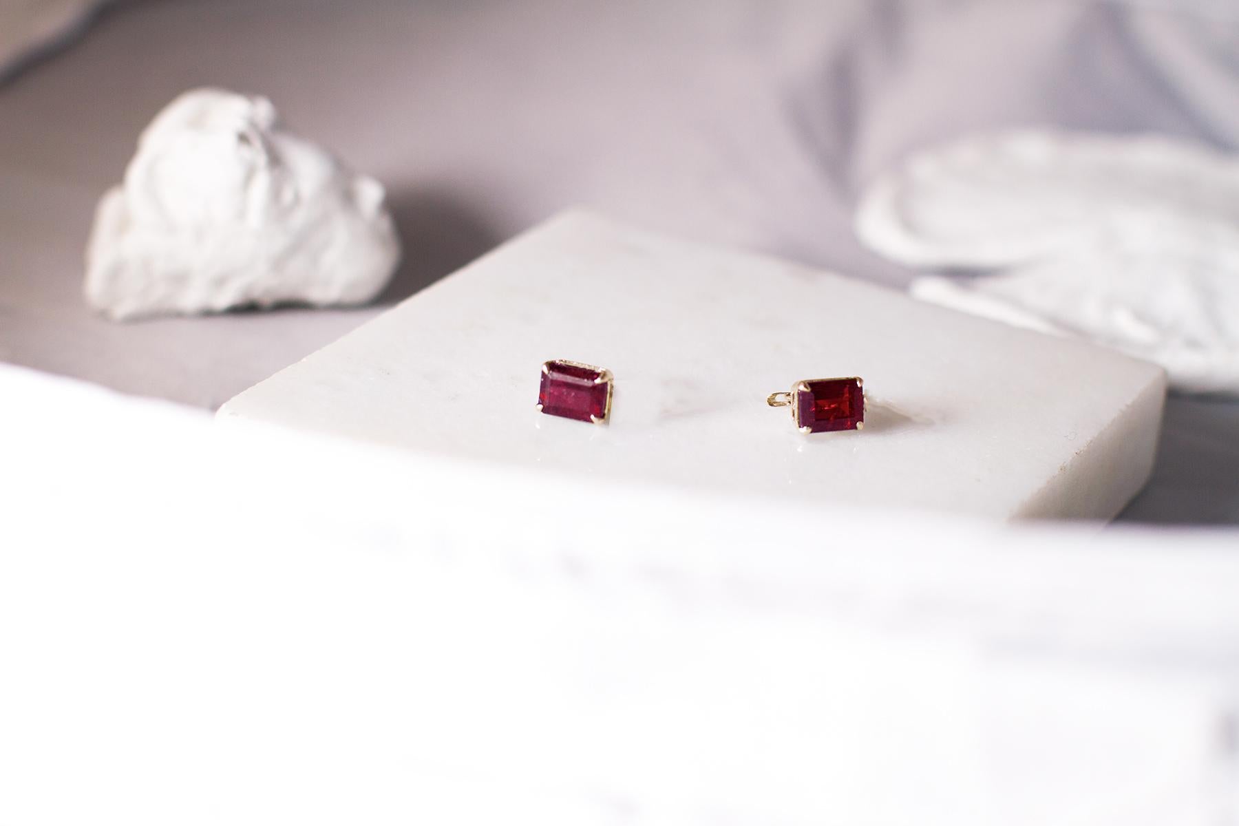Baguette Cut Eighteen Karat Rose Gold Transformer Stud Earrings with Rubies and Diamonds For Sale