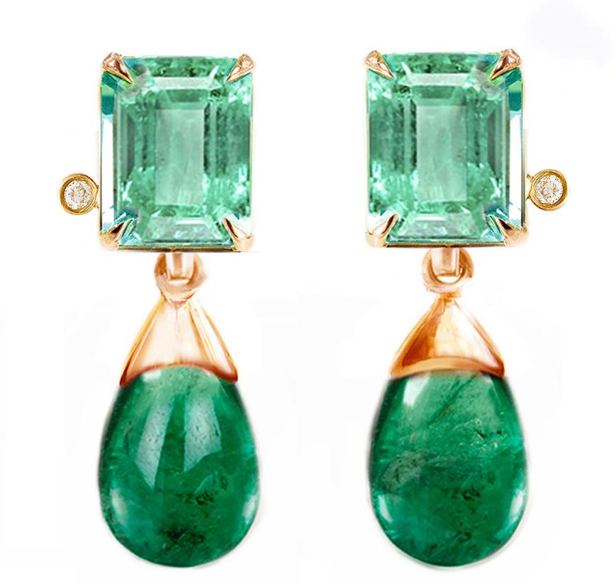 Rose Gold Transformer Stud Earrings with Emeralds and Diamonds For Sale 6