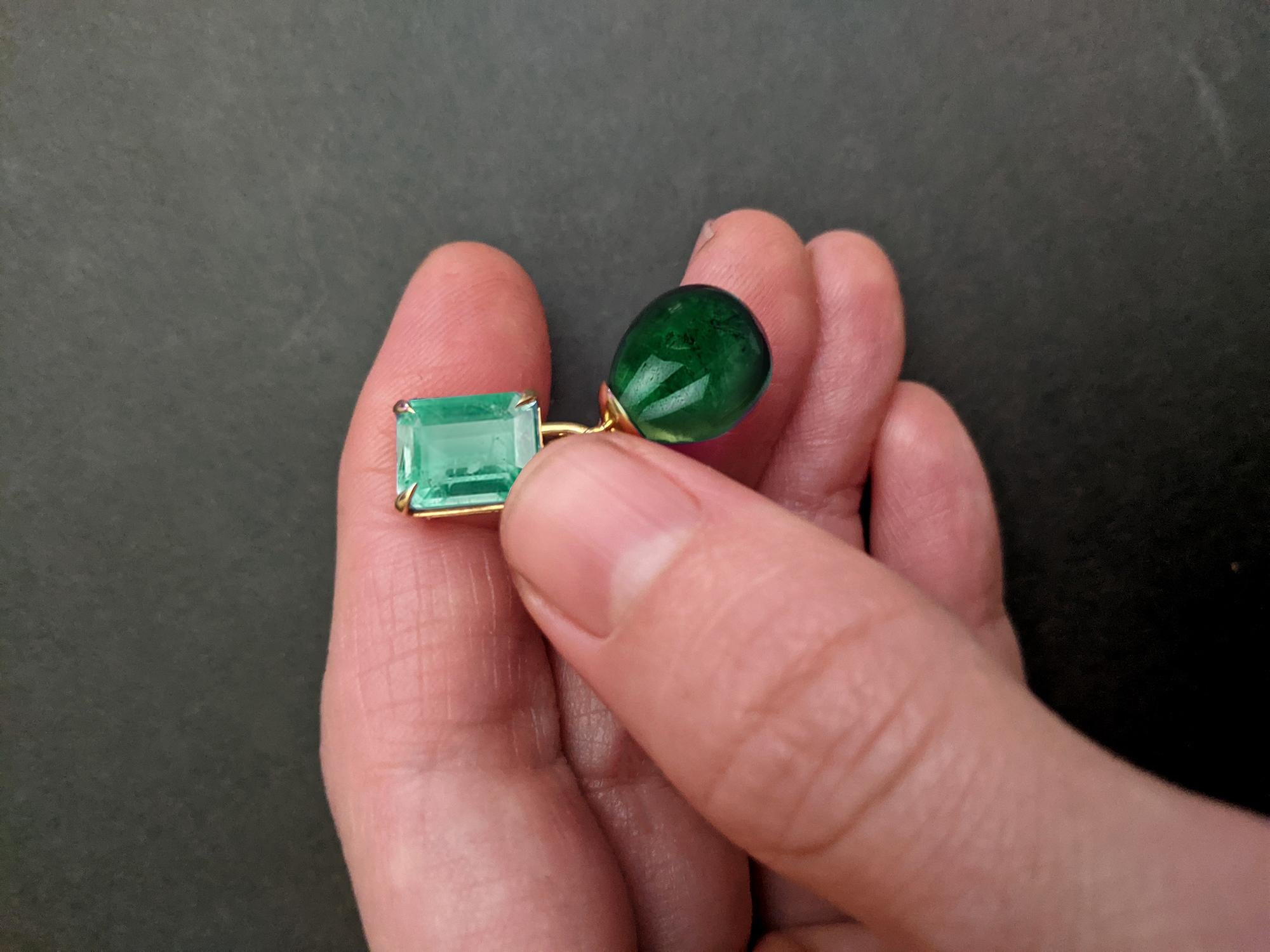 These contemporary stud earrings are crafted from 18 karat rose gold, featuring natural emeralds in an octagon cut. Each emerald measures 0.27x0.21 inches (7x5.5 mm), each emerald drop measuring 0.37x0.27 inches (9.5x7x6 mm), totaling 8.9 carats in