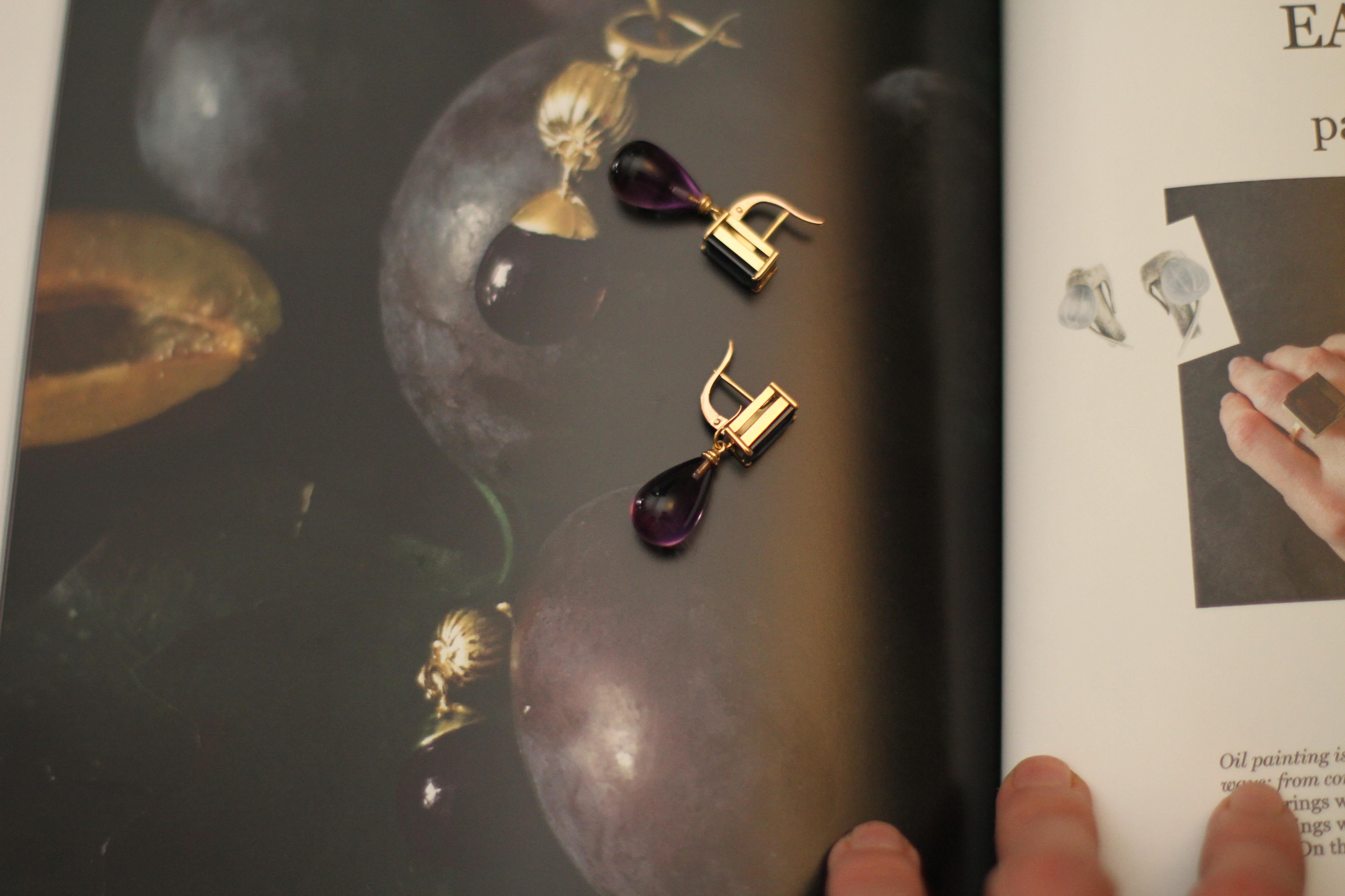 Rose Gold Transformer Stud Drop Earrings with Mint Quartz and Amethysts For Sale 5