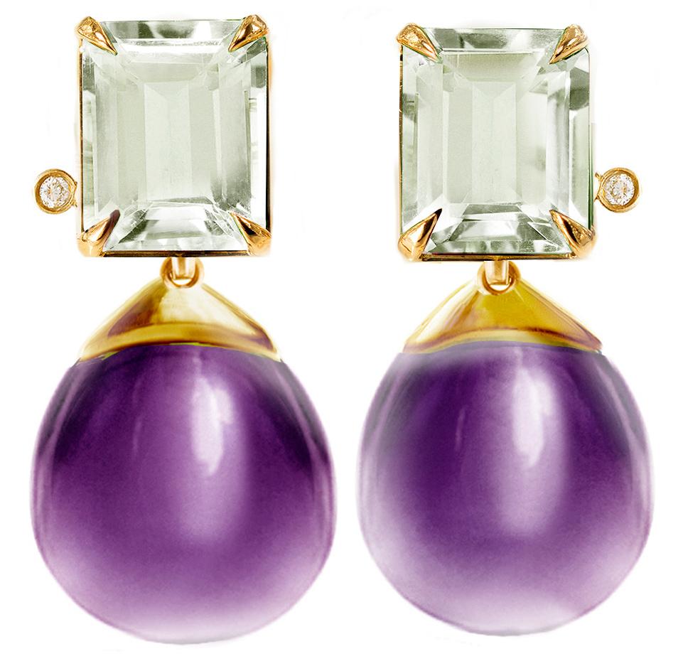 Rose Gold Transformer Stud Drop Earrings with Mint Quartz and Amethysts For Sale 9