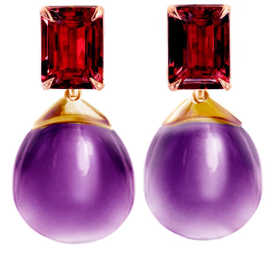 Eighteen Karat Rose Gold Transformer Stud Earrings with Rubies and Amethysts In New Condition For Sale In Berlin, DE