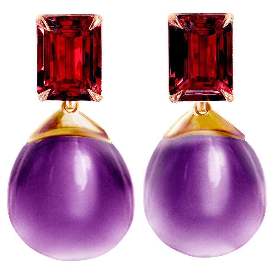 Eighteen Karat Rose Gold Transformer Stud Earrings with Rubies and Amethysts For Sale