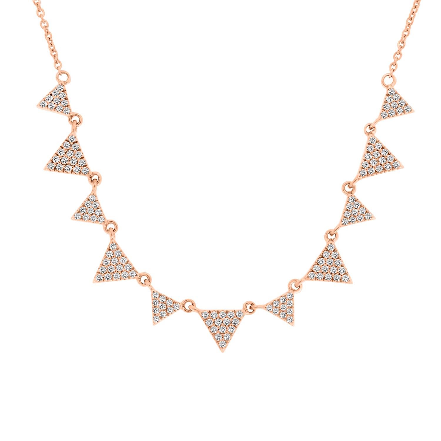 This elegant necklace features 135 brilliants diamond micro-prong set in 11 Triangle-shaped pendants alternating in sizes linked to each other via delicate loops. Experience The Difference in Person!

Product details: 

Center Gemstone Type: NATURAL