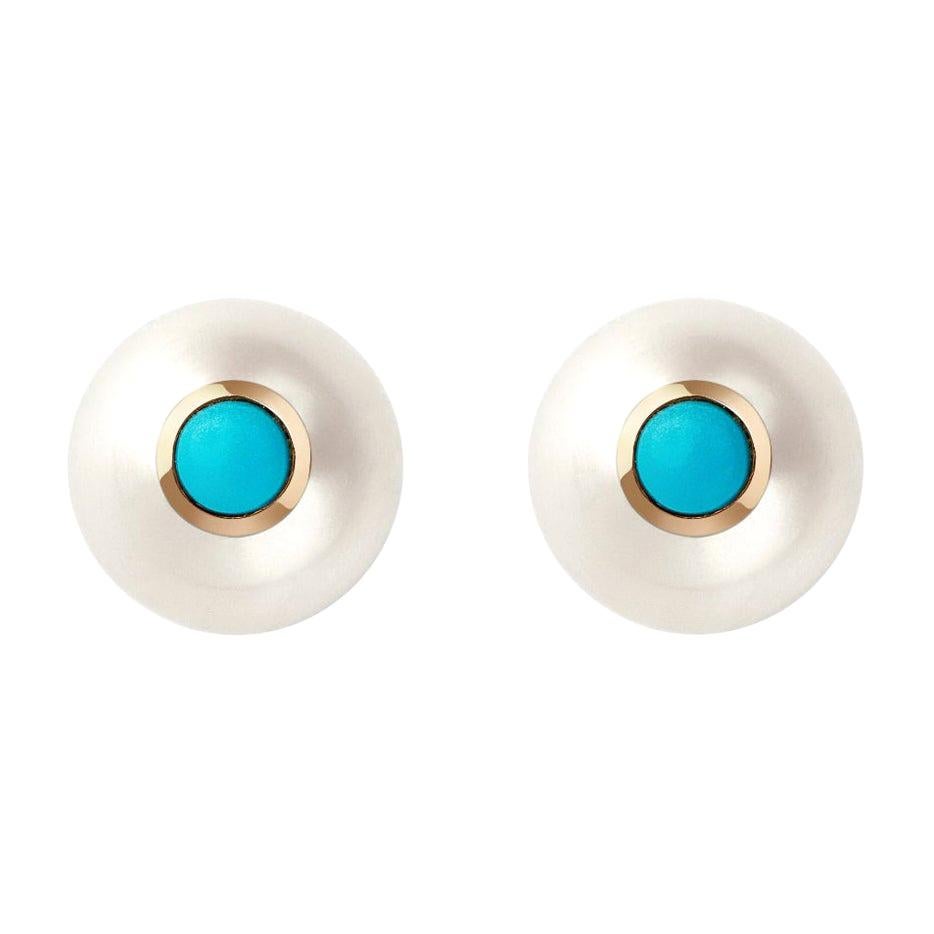 18 Karat Rose Gold, Turquoises and Pearls Stud Earrings For Sale