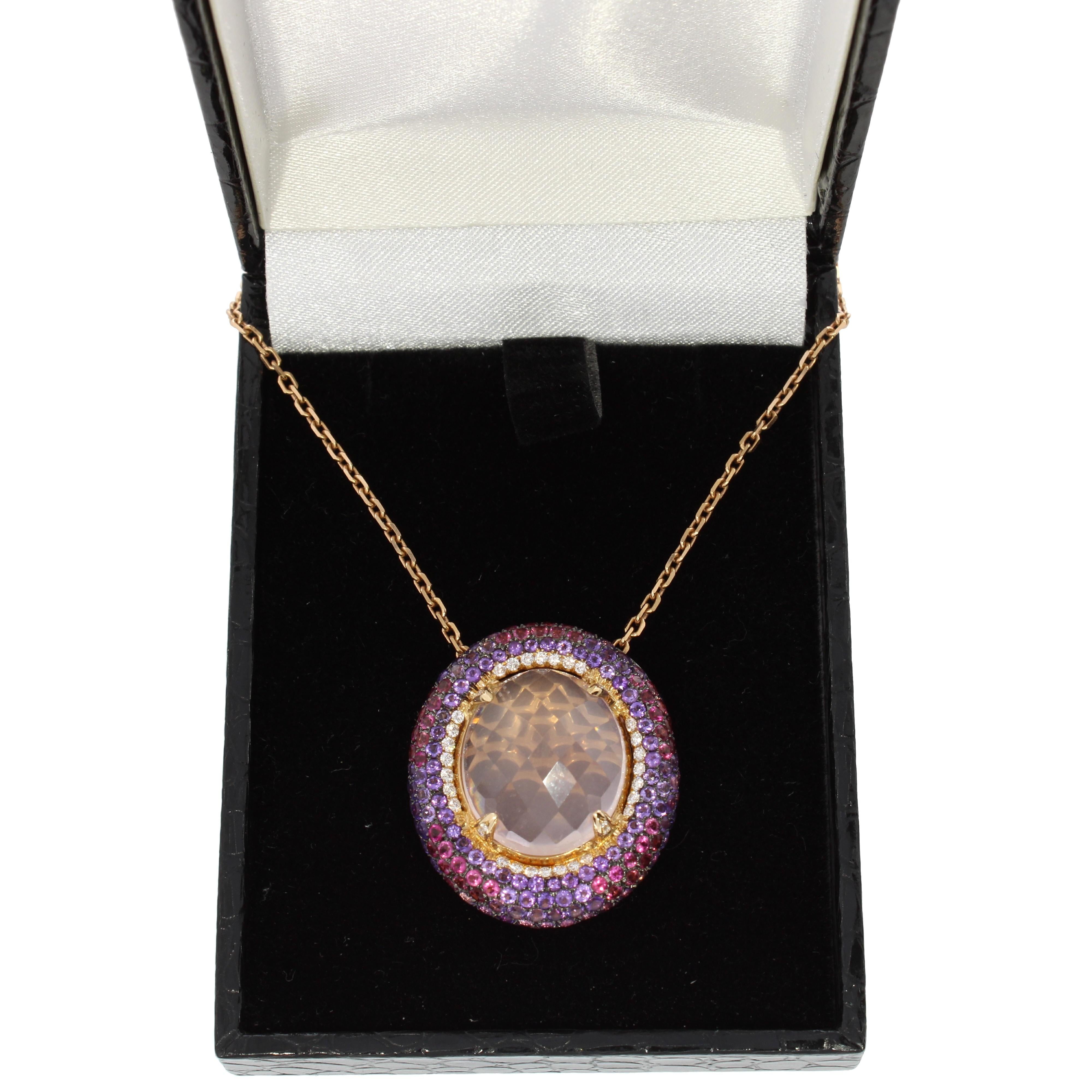 18 Karat Rose Gold Venice Pink Quartz Amethyst and Rubellite Pendant For Sale 1