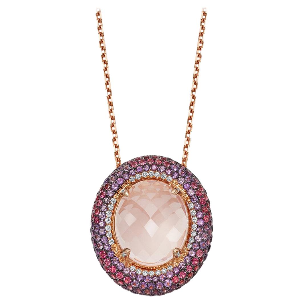 18 Karat Rose Gold Venice Pink Quartz Amethyst and Rubellite Pendant For Sale