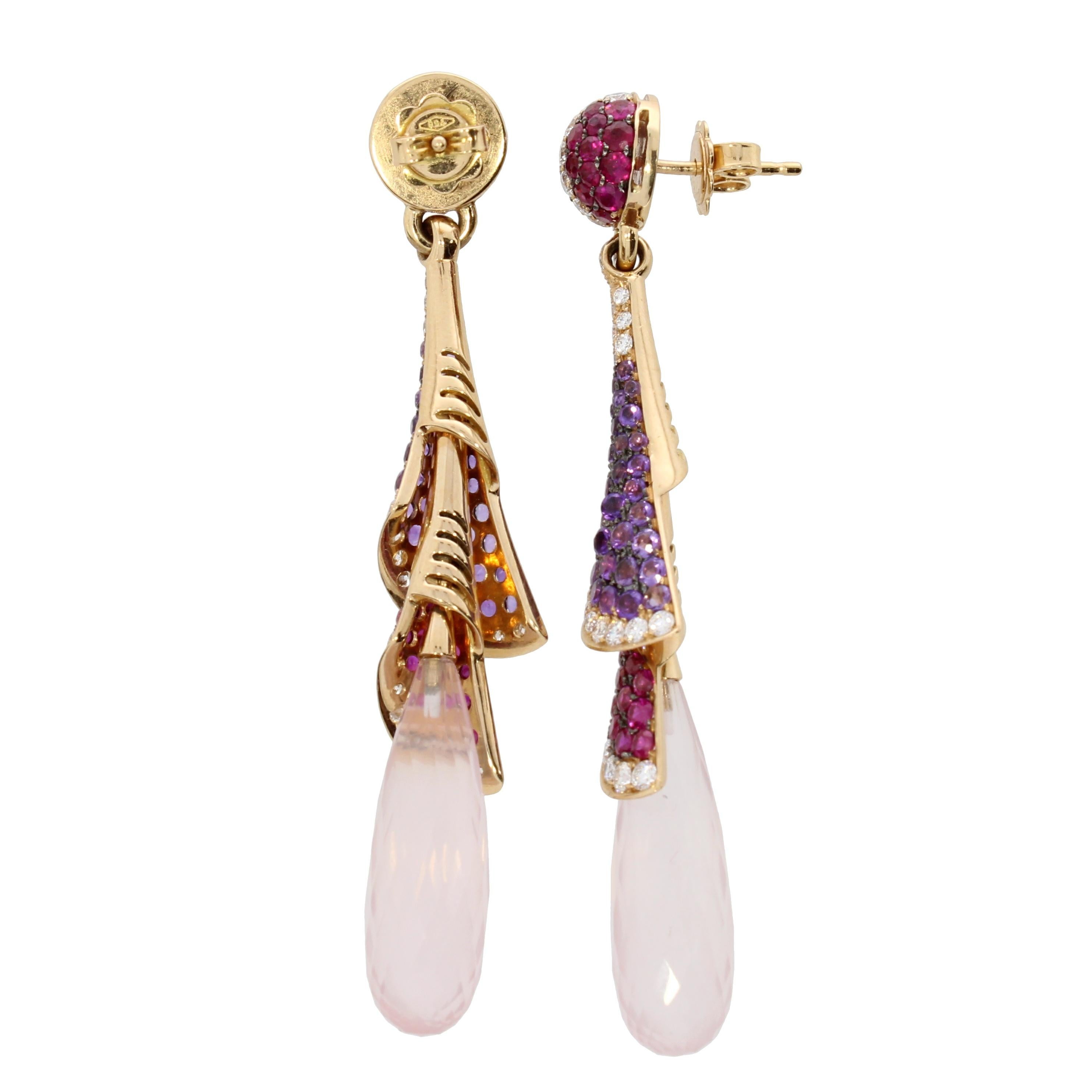 Contemporary 18 Karat Rose Gold Venice Pink Quartz Ruby Amethyst and Diamond Drop Earrings For Sale