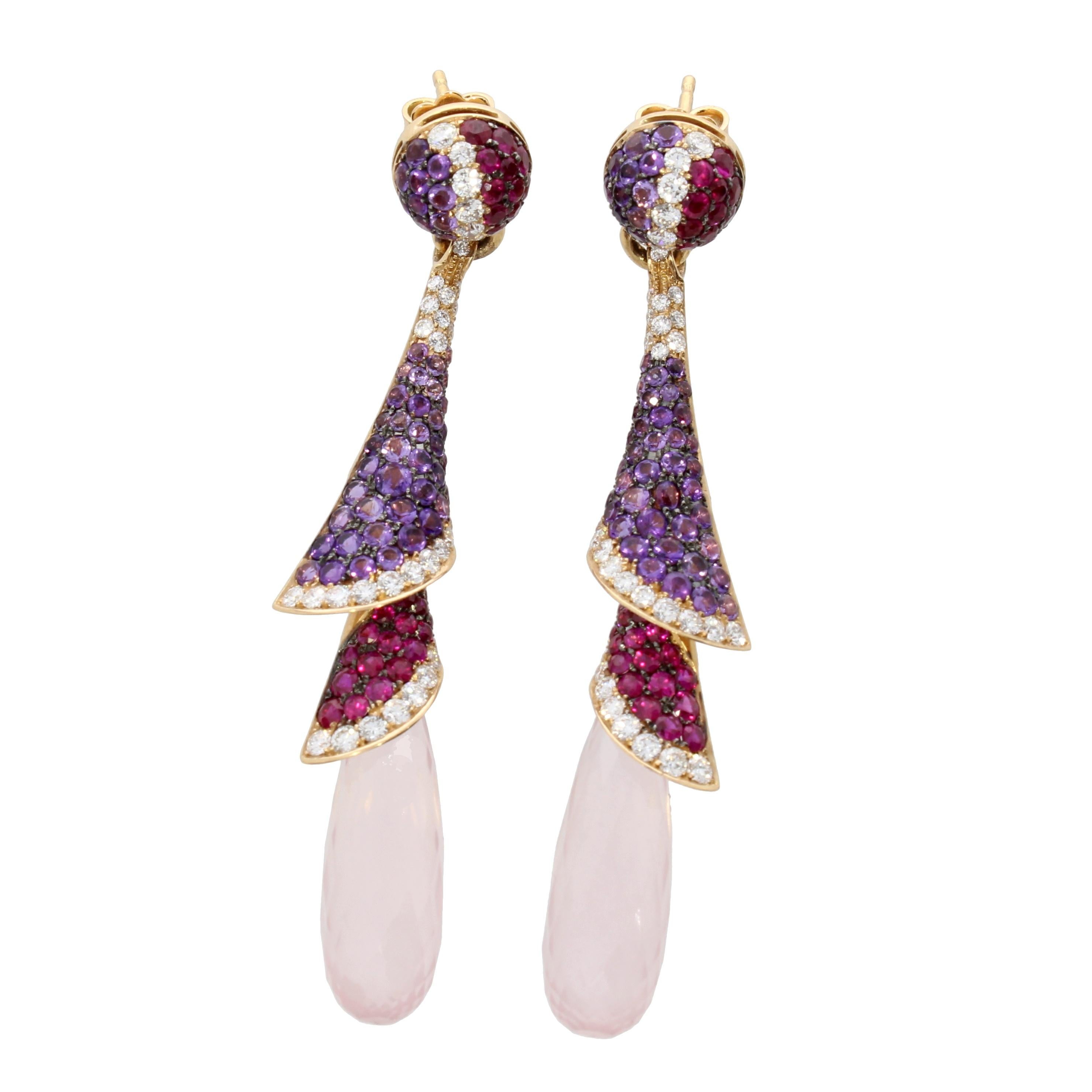 Briolette Cut 18 Karat Rose Gold Venice Pink Quartz Ruby Amethyst and Diamond Drop Earrings For Sale