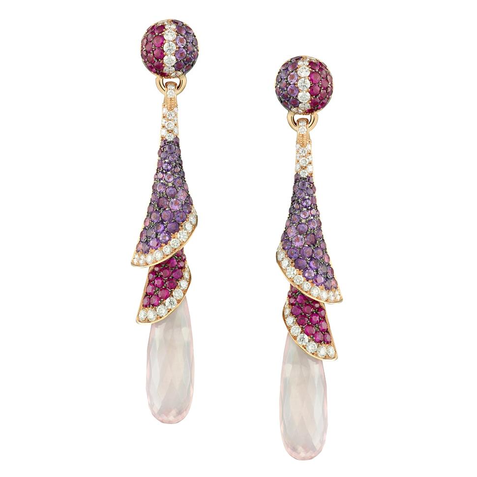 18 Karat Rose Gold Venice Pink Quartz Ruby Amethyst and Diamond Drop Earrings For Sale