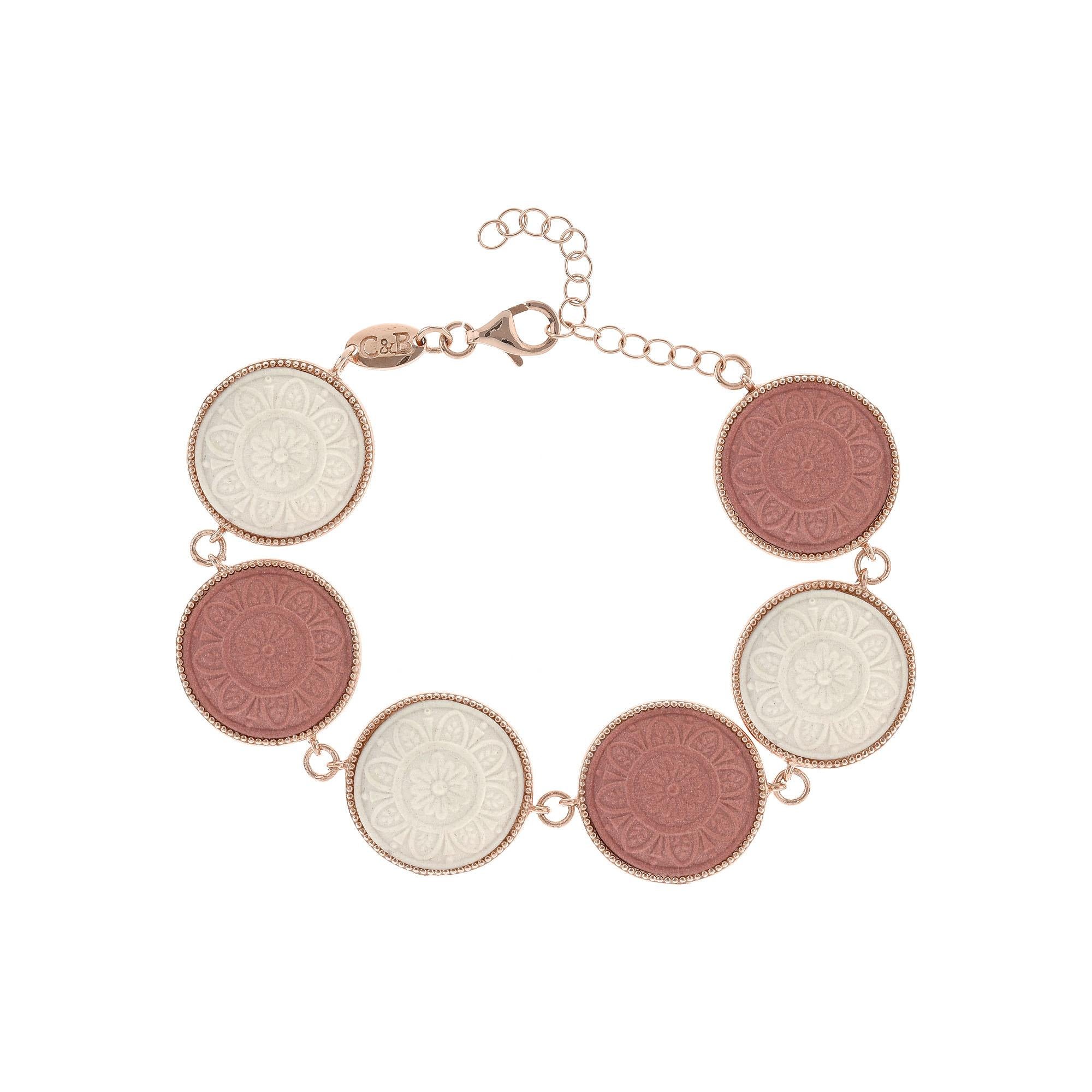 Beautifully hand crafted porcelain cameo bracelet mounted in 18k rose gold vermeil. In times past, cameos were mainly made of shells, hardstones, coral and volcanic rock, instead today the cameos which bears our family’s signature are made of fine