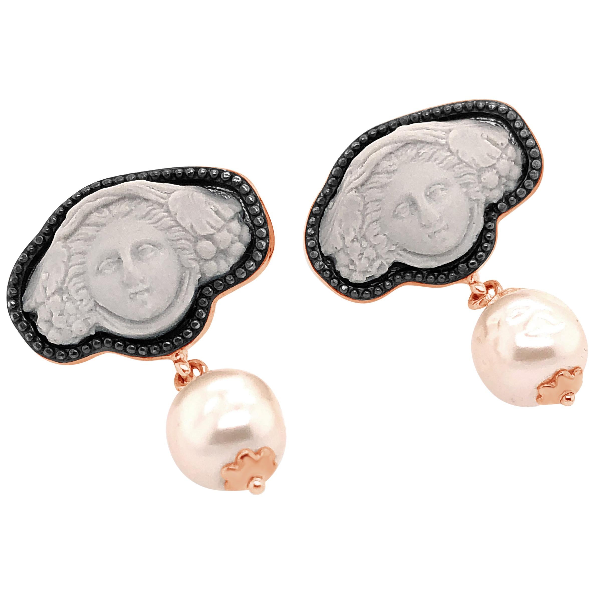 18 Karat Rose Gold Vermeil Greek Medusa Cameo Earrings For Sale