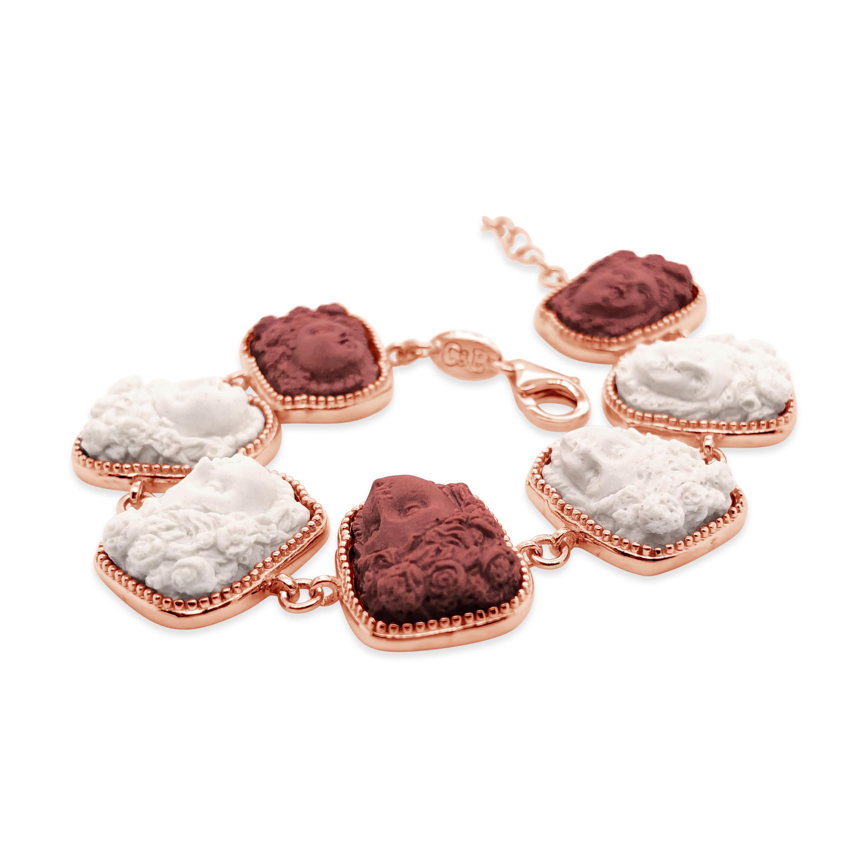 Beautifully hand crafted porcelain cameo bracelet depicting the portrait of a woman wearing a fruit ornament. This beautifully detailed selection of cameos, mounted in 18k rose gold vermeil is a beautiful work of art. In times past, cameos were