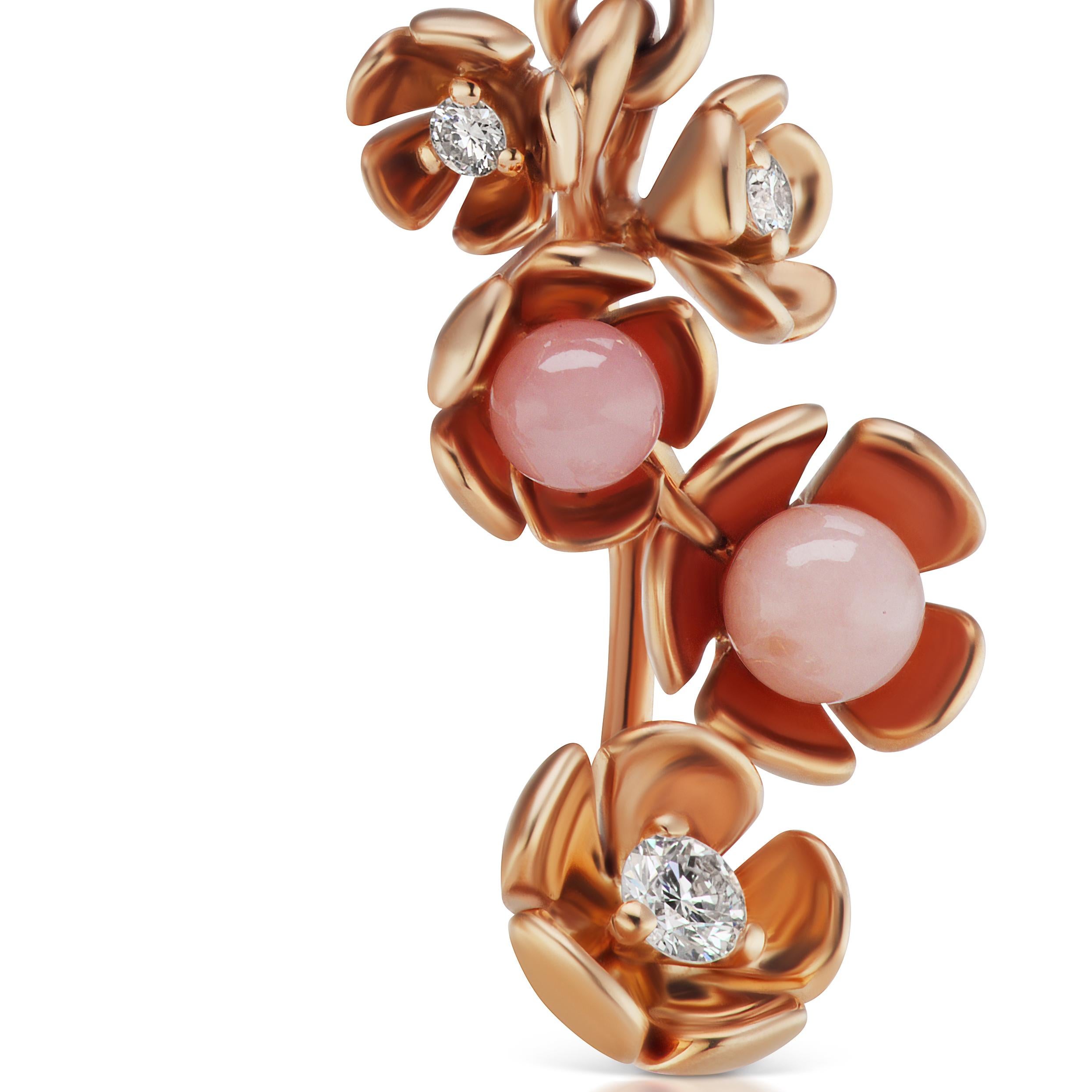 Women's 18 Karat Rose Gold Vine Earrings with Enamel and Pink Opal Flowers For Sale