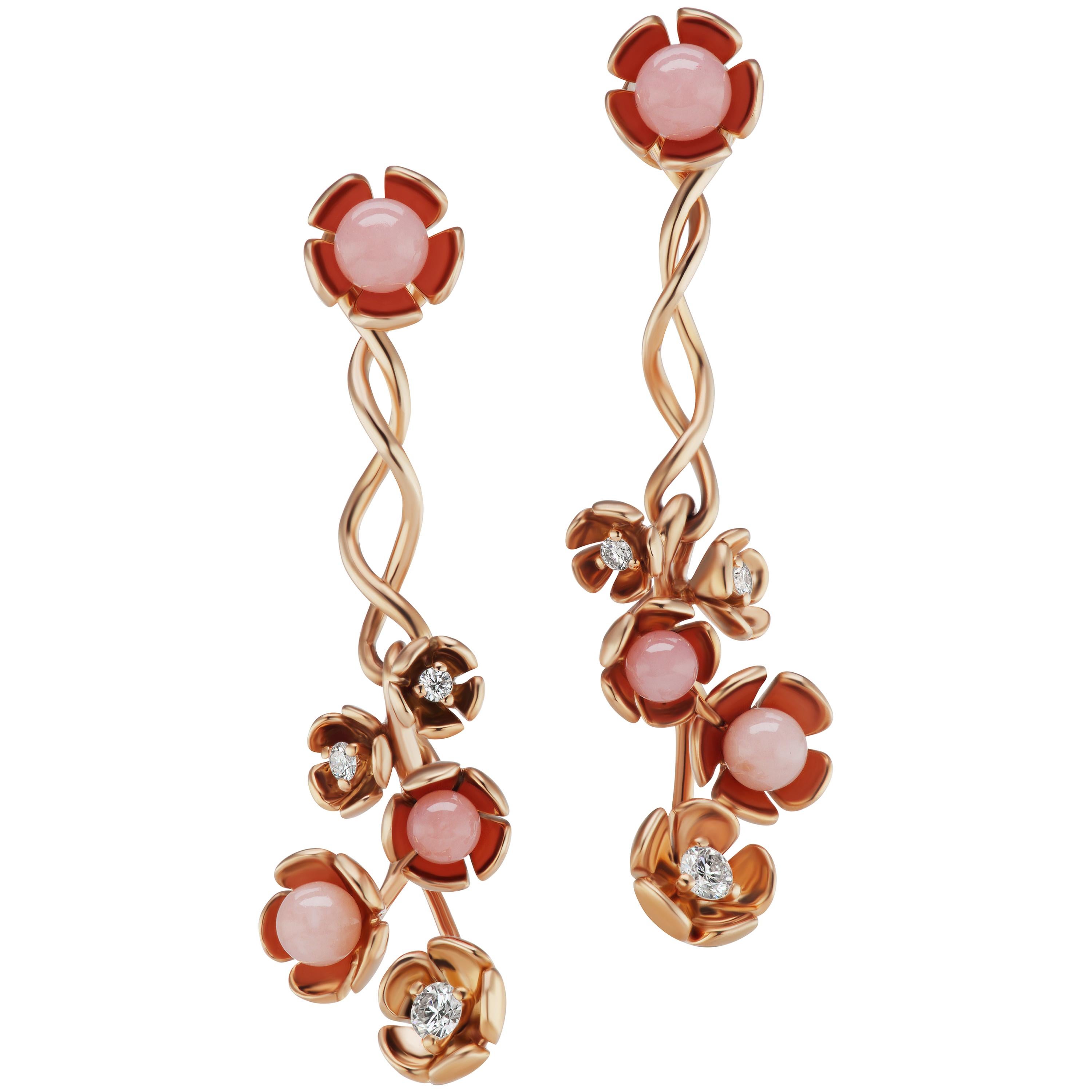 18 Karat Rose Gold Vine Earrings with Enamel and Pink Opal Flowers For Sale