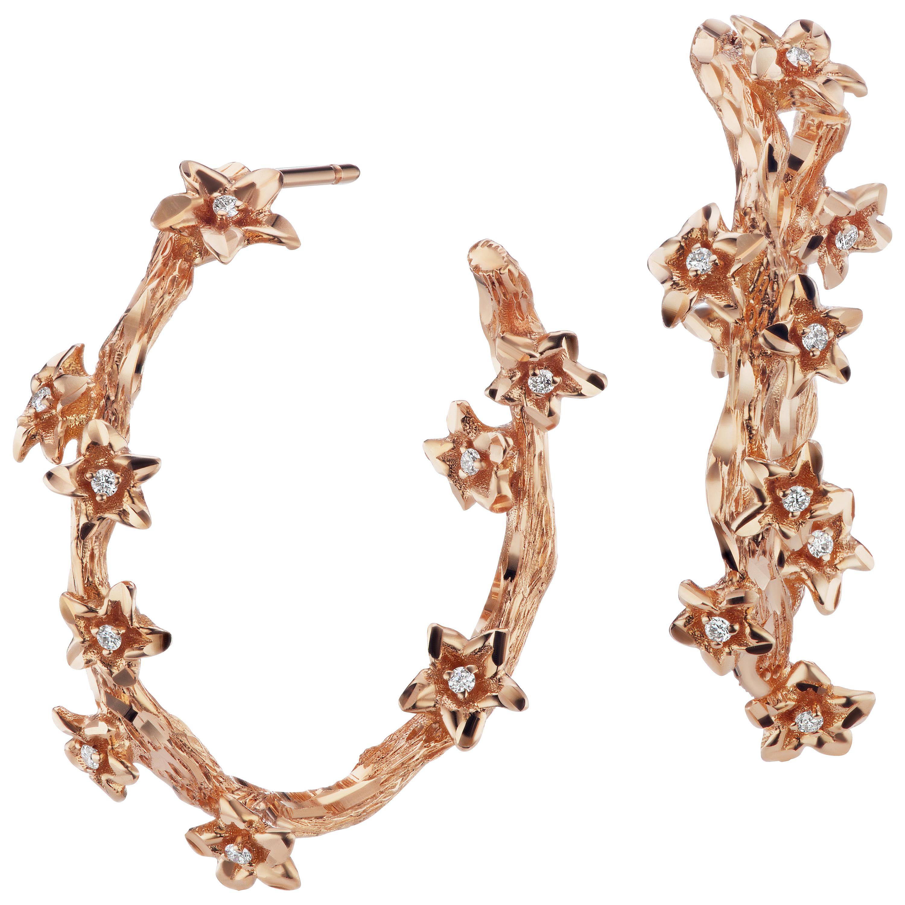 18 Karat Rose Gold Vine Hoop Earrings with Diamond Accents For Sale