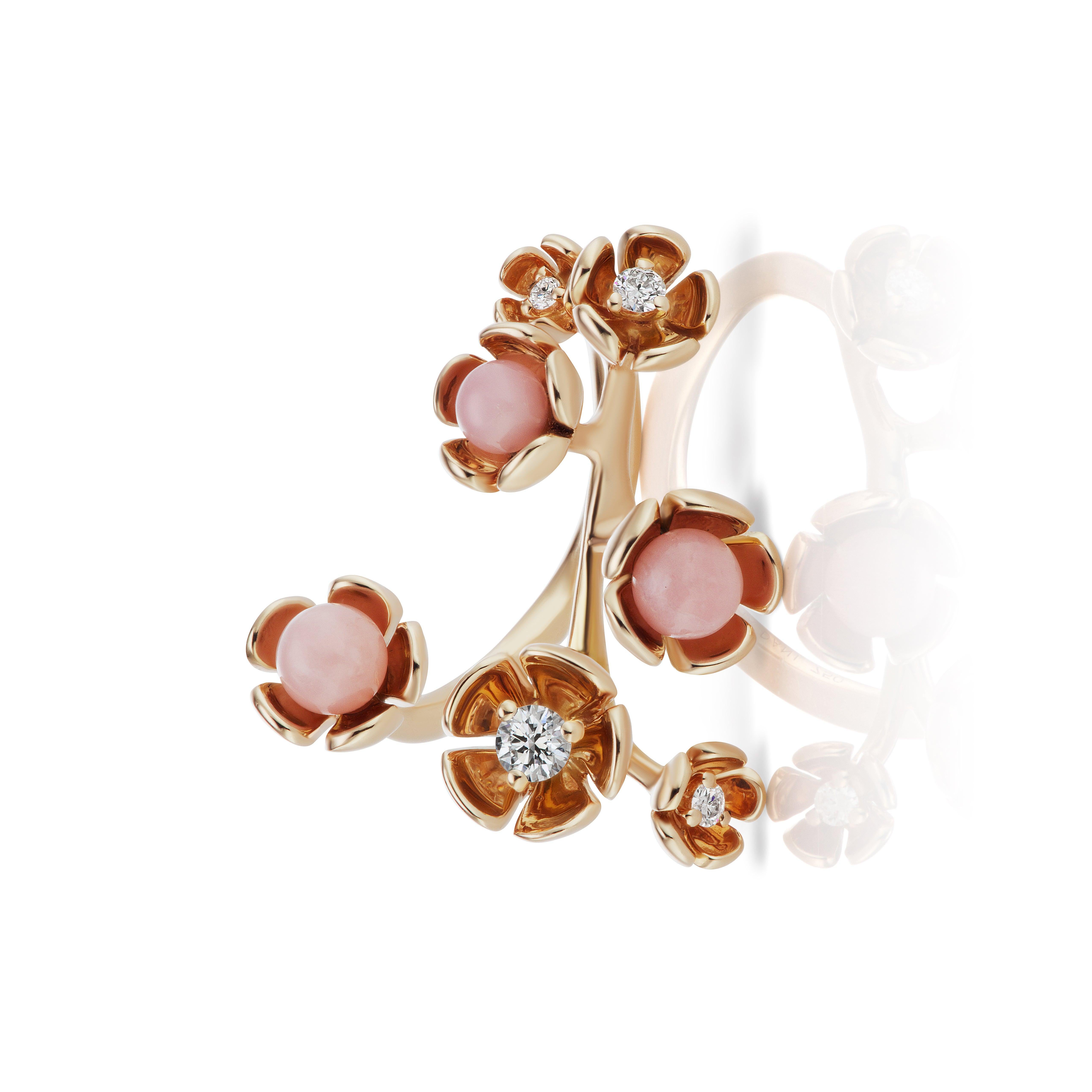 18K Rose Gold Vine Ring with Pink Opal and Diamond Accent.
0.10ct.
Size 5 and 6. 