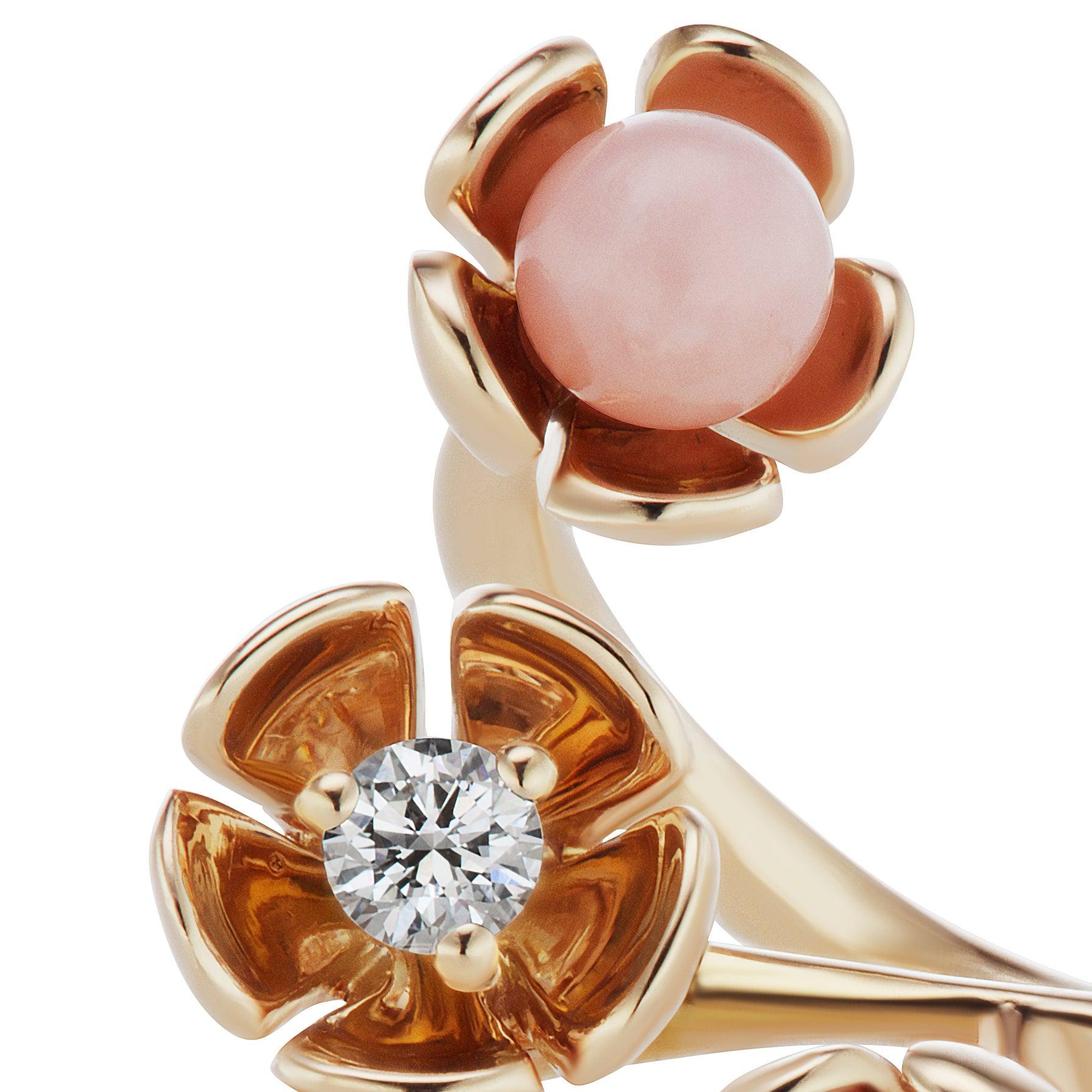 18 Karat Rose Gold Vine Ring with Pink Opal and Diamond Accent In Excellent Condition In New York, NY