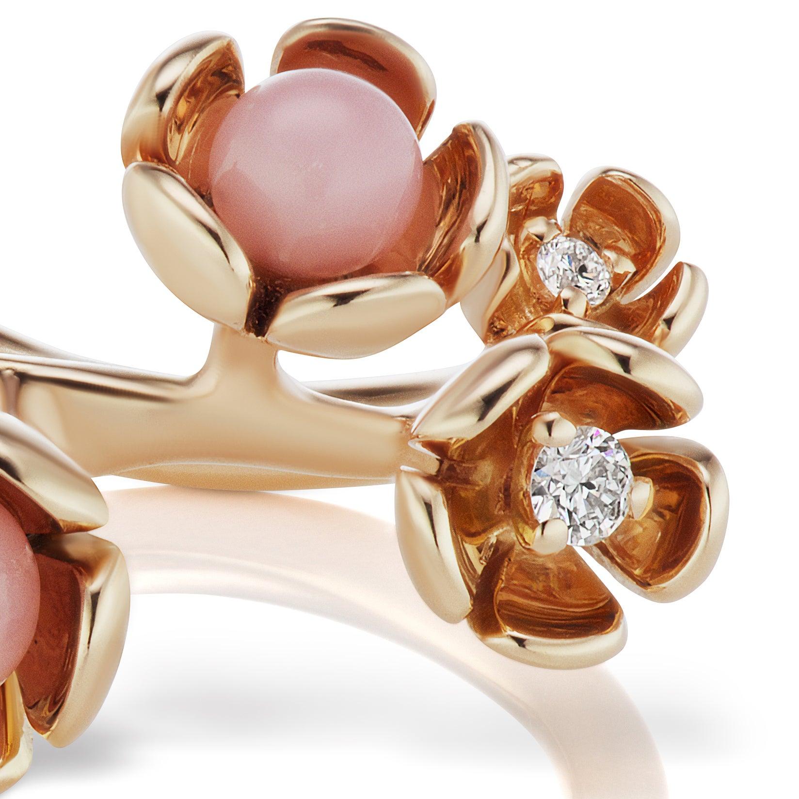 Women's 18 Karat Rose Gold Vine Ring with Pink Opal and Diamond Accent