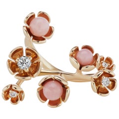 18 Karat Rose Gold Vine Ring with Pink Opal and Diamond Accent