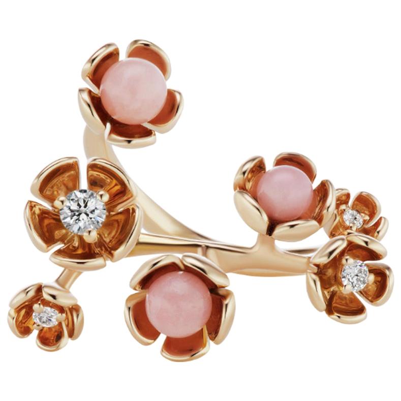 18 Karat Rose Gold Vine Ring with Pink Opal and Diamond Accent