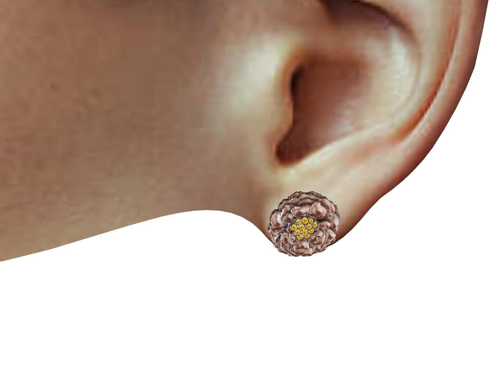 Contemporary 18 Karat Rose Gold Vivid Yellow Natural Diamond Marigold Stud Earrings For Sale