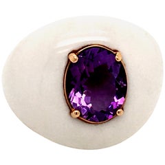 18 Karat Rose Gold White Agathe Diamonds and Amethyst Ring Made in Italy