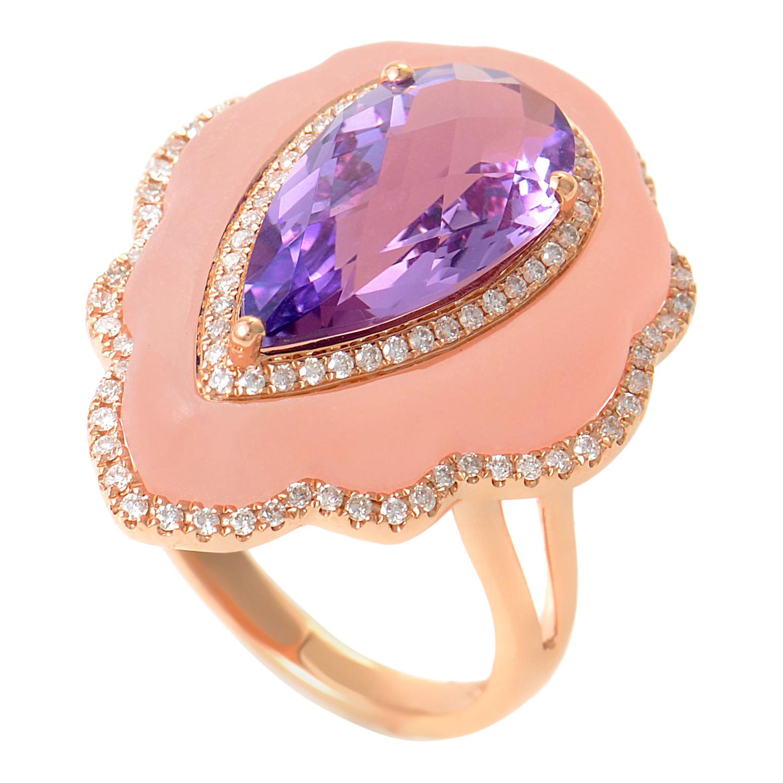18 Karat Rose Gold White Diamond, Amethyst, and Pink Quartz Ring